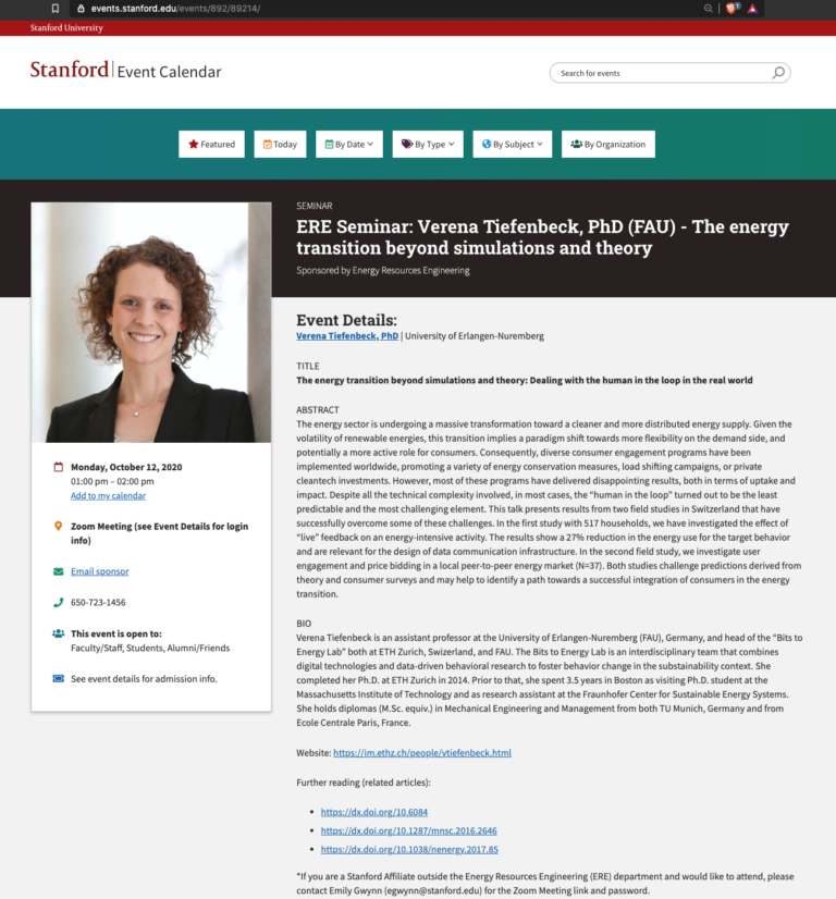 Verena Tiefenbeck gives virtual talk at Stanford University
